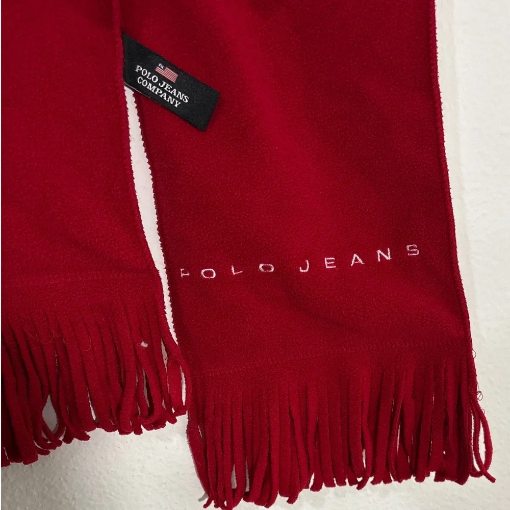 Polo‎ Jeans Company Red Fleece Scarf Embroidered Logo Fringe Winter 80 Inch